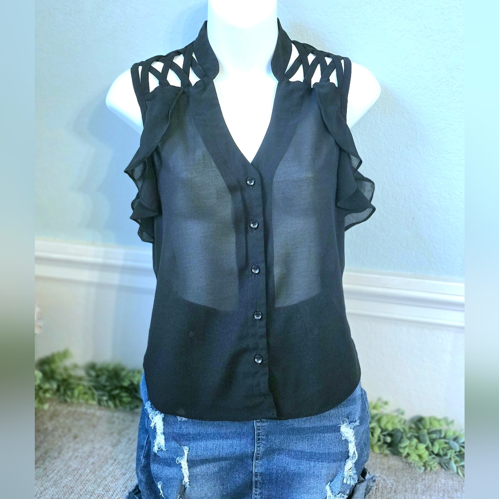 Elegant Black Sleeveless Blouse ♡ Sheer With Ruffle Edging ♡ Size Small